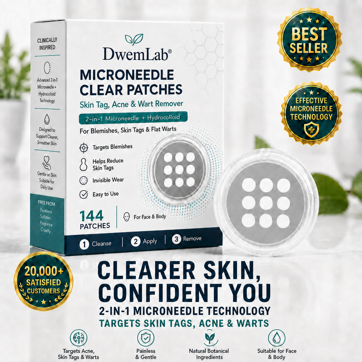 🌟DwemLab ® 2-in-1 Microneedle & Hydrocolloid Patch 🌿 Invisible Face & Body Patches for Raised Moles, Acne, Flat Warts & Skin Tags - Helps Improve the Appearance of Wrinkles, Scars & Blemishes